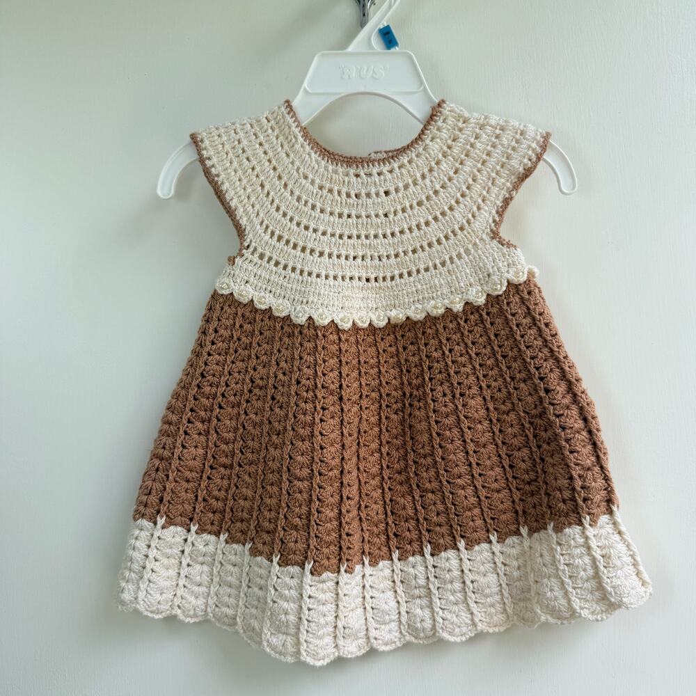 Boho Crochet Baby Dress 0-3M | Infant Cotton Frock | Beige Cream Heirloom Gift